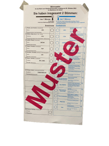 So sieht der Stimmzettel für die Niedersächsische Landtagswahl im Wahlkreis Uelzen aus. Foto: Gemeinde Bienenbüttel